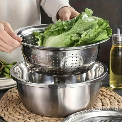 3 Piece Stainless Steel Kitchen Set with Integrated Grinder Multifunctional Strainer and Mixing Bowl Perfect for Cleaning Slicing Vegetables Fruits Cheese Safe Food Grade Design with Drainage System Ideal for Home Cooking and Kitchen Use