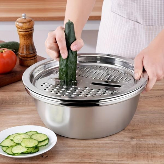 3 Piece Stainless Steel Kitchen Set with Integrated Grinder Multifunctional Strainer and Mixing Bowl Perfect for Cleaning Slicing Vegetables Fruits Cheese Safe Food Grade Design with Drainage System Ideal for Home Cooking and Kitchen Use