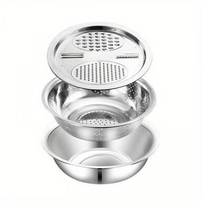 3 Piece Stainless Steel Kitchen Set with Integrated Grinder Multifunctional Strainer and Mixing Bowl Perfect for Cleaning Slicing Vegetables Fruits Cheese Safe Food Grade Design with Drainage System Ideal for Home Cooking and Kitchen Use